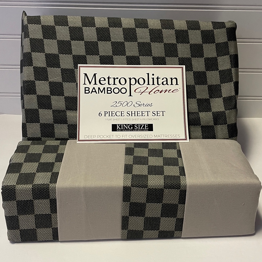 Metropolitan Bamboo Home Gray Checkered King Size Sheet Set
